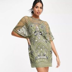 ASOS DESIGN batwing embellished pencil mini dress in stone Brand New